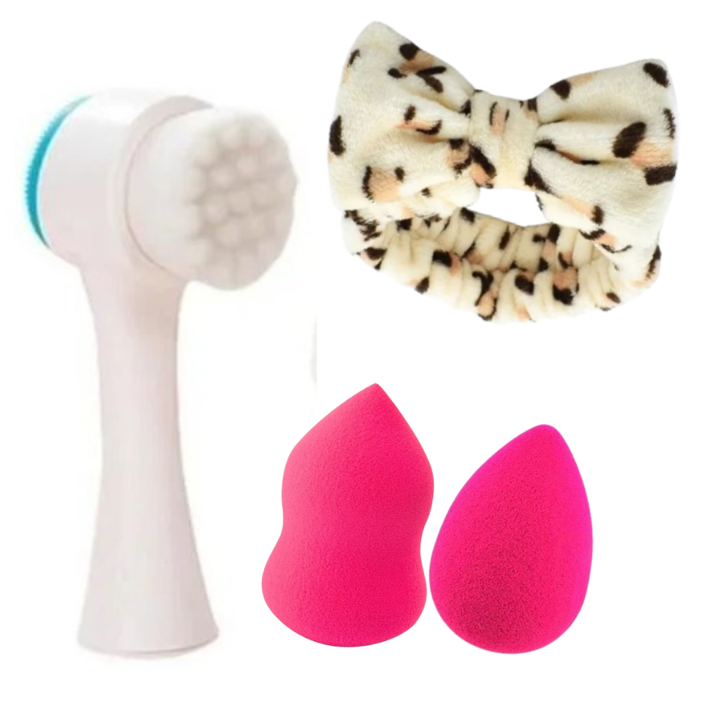 Escova Limpeza Facial 2 Em 1 Aparelho Massagem Esponja Cerdas Macias Dupla + 2   Esponja Gota Chanfrada Para Base e Corretivo + Faixa Make