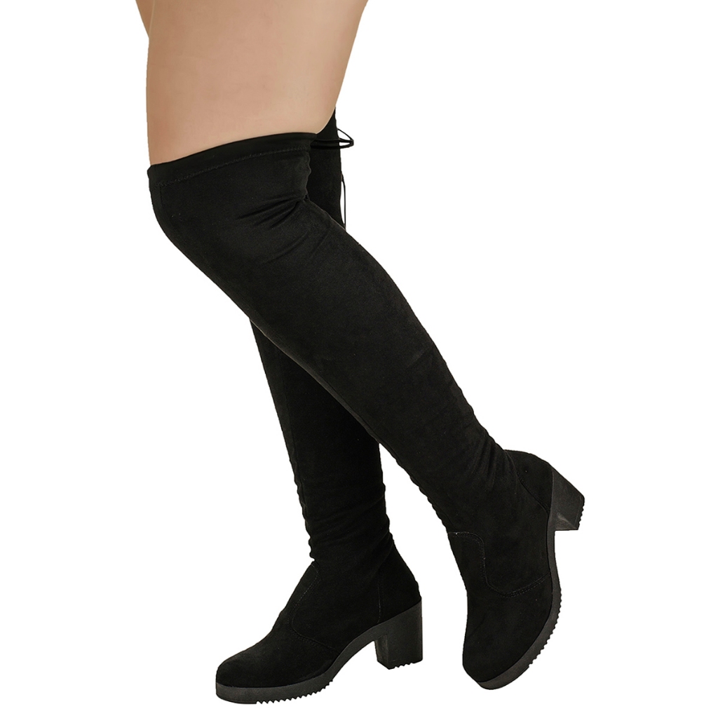 Detalhes do Bota Over The Knee Feminina Salto Camurça Stretch Com Elástico Ajustável Enrrugada Confortável Moda