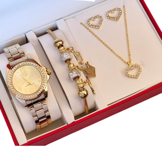 Relógio Feminino  Dourado Quartzo À Prova Água + Colar Brincos Folheado Ouro + Pulseira Feminina com Caixa - Presente dia das Mães, Presente dia dos namorados, Presente de natal em Oferta na Shopee