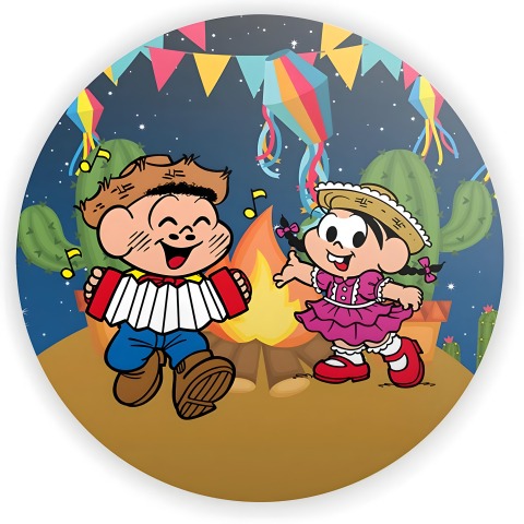 Painel Festa Infantil Redondo Temática São João Cascão e Monica + Arco, Suporte incluso. Fazemos personalizado com qualquer tema. Confeccionado em Lona fosca, impressão de alta resolução. cenário Circular p/ Decoraçõe