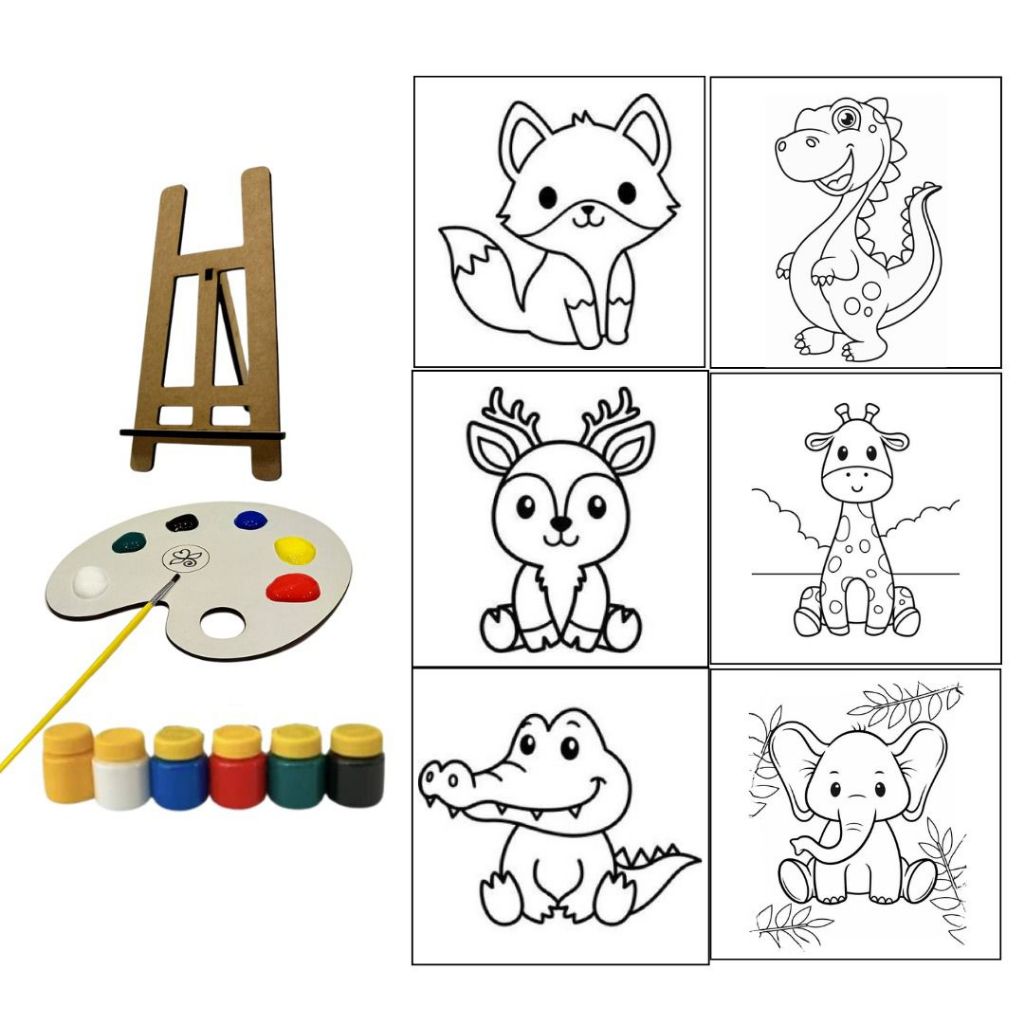 Kit pintura SAFARI especial com 15 peças -5 tela +6 Tinta+1 pincel + 1cavalete+ 1 aquarela + 1 esponja