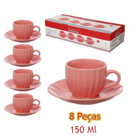 JOGO DE XICARA DE PORCELANA COM PIRES PARA CHA BELLA 8 PEÇAS 150ML