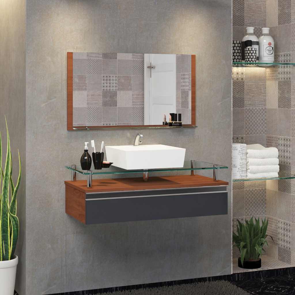 Conjunto Armário de Banheiro Ametista 80cm Com Tampo De Vidro em Oferta na Shopee