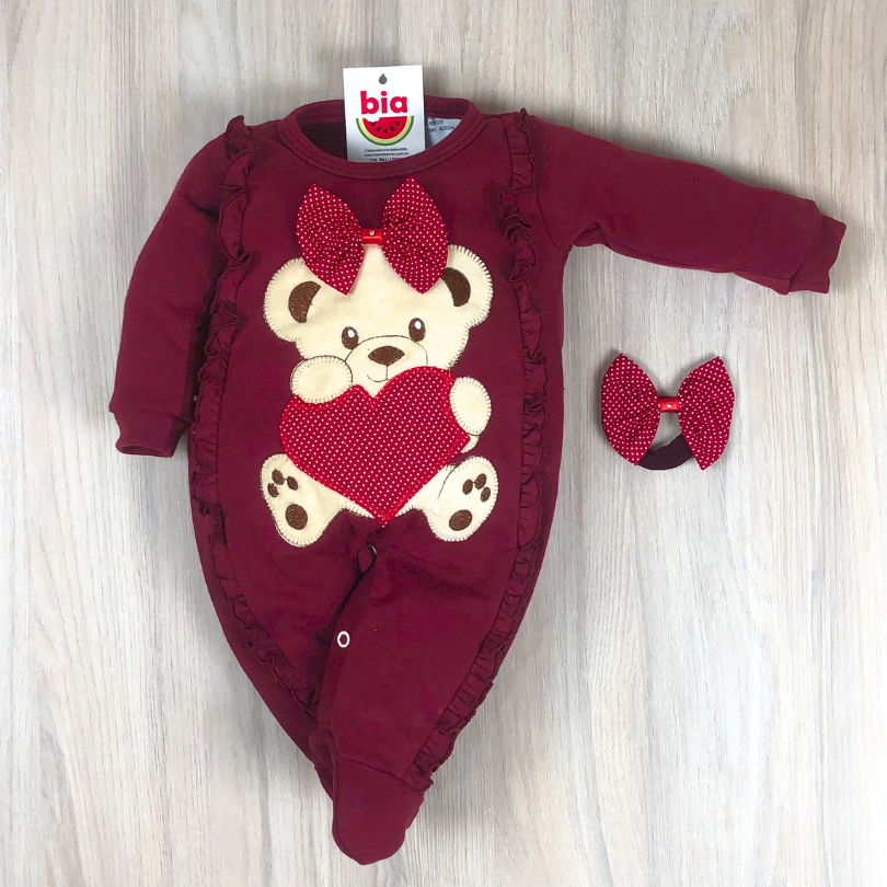 Macacão bebê menina bordado ursa coração confortável em Oferta na Shopee