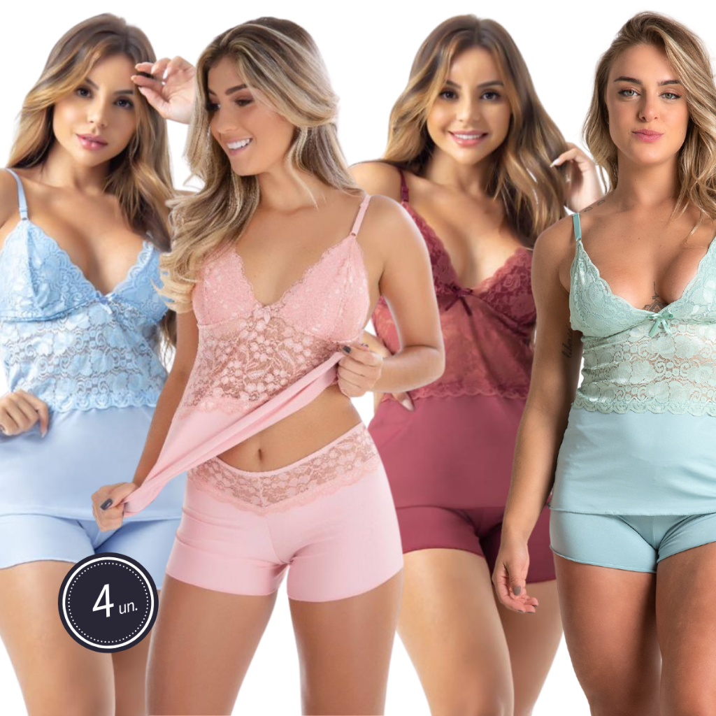 Kit 4 Baby Doll  Feminino Adulto Sensual Renda Malha Fria Alcinha Luxo 302