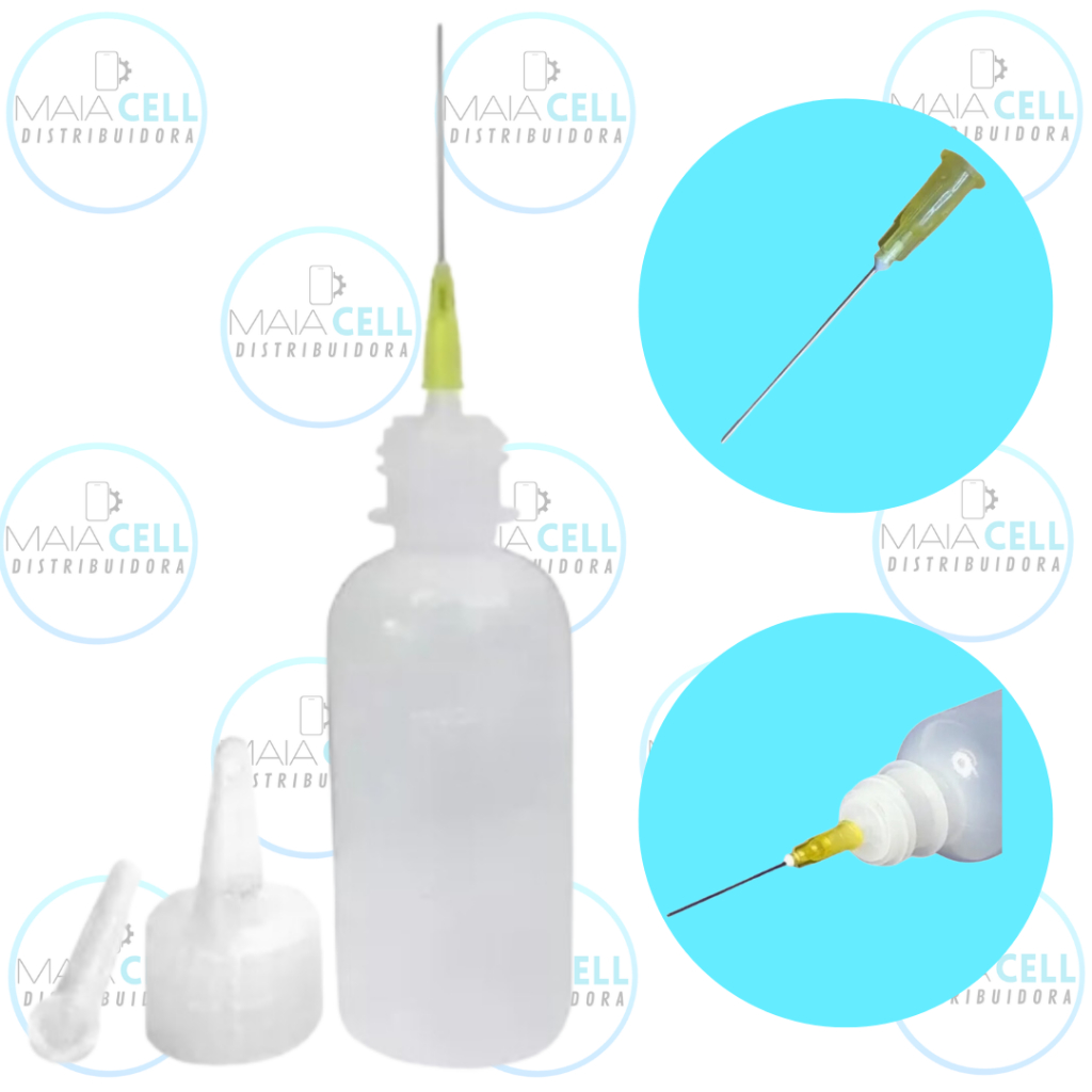 Dispenser Frasco Plástico p/ Líquidos em geral 50ml C/ Agulh Álcool Fluido Fluxo Solda