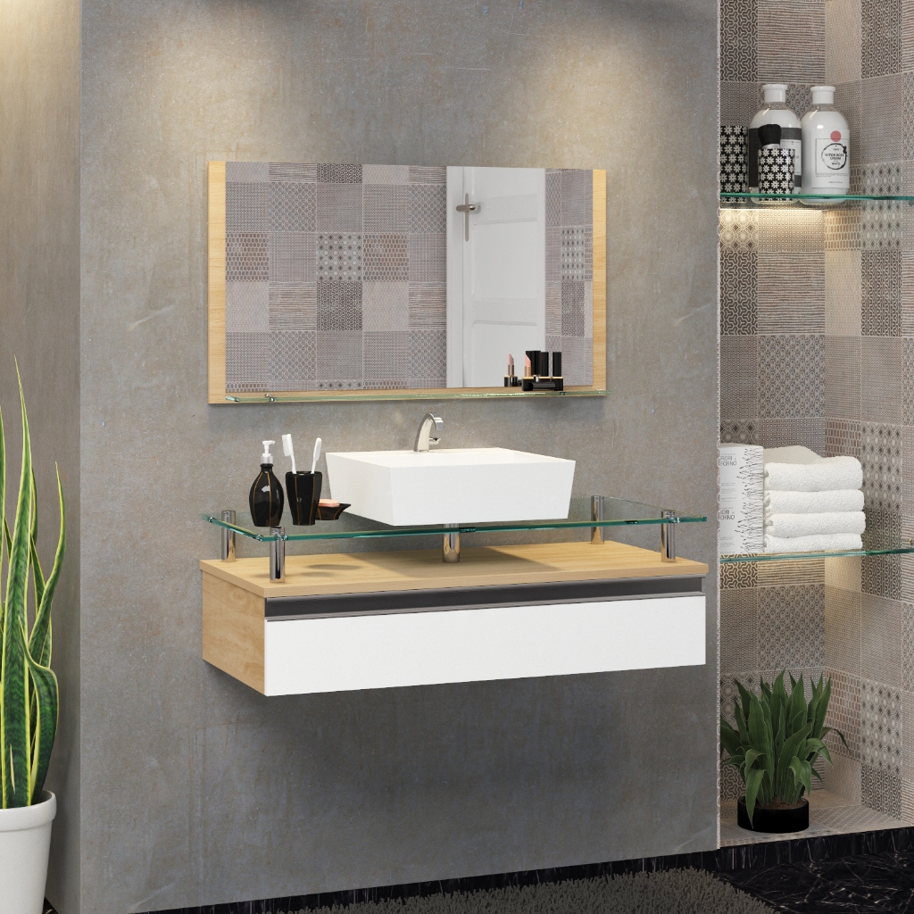 Conjunto Armário de Banheiro Ametista 60 cm MDF Com Tampo De Vidro Temperado em Oferta na Shopee