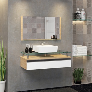 Conjunto Armário de Banheiro Ametista 60 cm MDF Com Tampo De Vidro Temperado em Oferta na Shopee