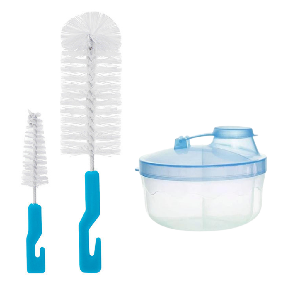Kit Com 2 Escovas de Limpeza + Porta Leite em Pó Para Bebê