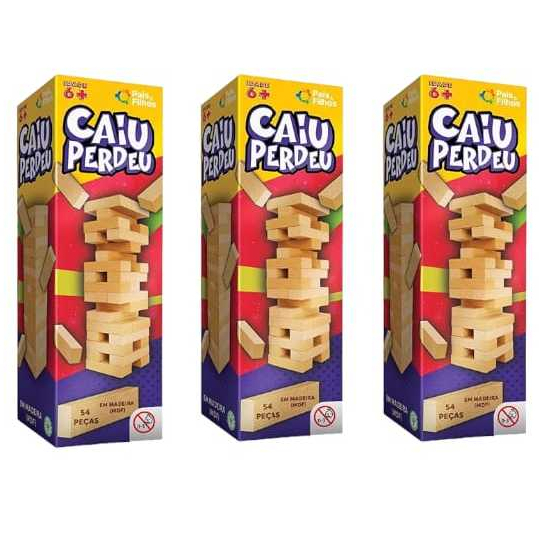 KIT 1 a 3 Jogos Caiu Perdeu Pais & Filhos de Madeira Jogo da Torre de Madeira 54 Peças Desenvolve Coordenação Motora