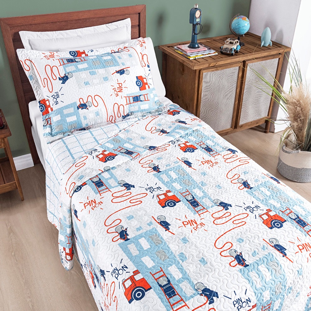 Colcha Bouti Cobre Leito Solteiro Infantil Dupla Face Estampado Bombeiro 02 peças em Oferta na Shopee