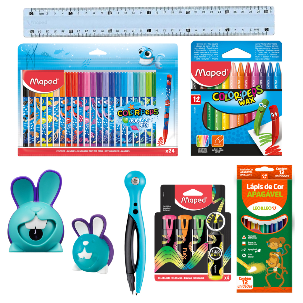 Material Escolar Infantil Meninos Completo Apontador e Borracha Croc Croc Marca Texto Canetinha Regua - Maped