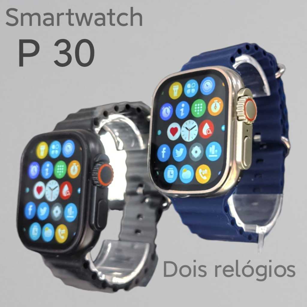 2 Smartwatch P30 Conjunto com- Dois Relógio Inteligente - Foto na Tela - Capa de Proteção -10 pulseiras - Touch e caneta - Contador - Cabo de carregamento + Tomada de carregamento