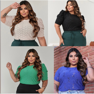 Blusa Plus Size Feminina Manga Bufante Curta Lese Elegante Confortável G1 G2 G3 em Oferta na Shopee