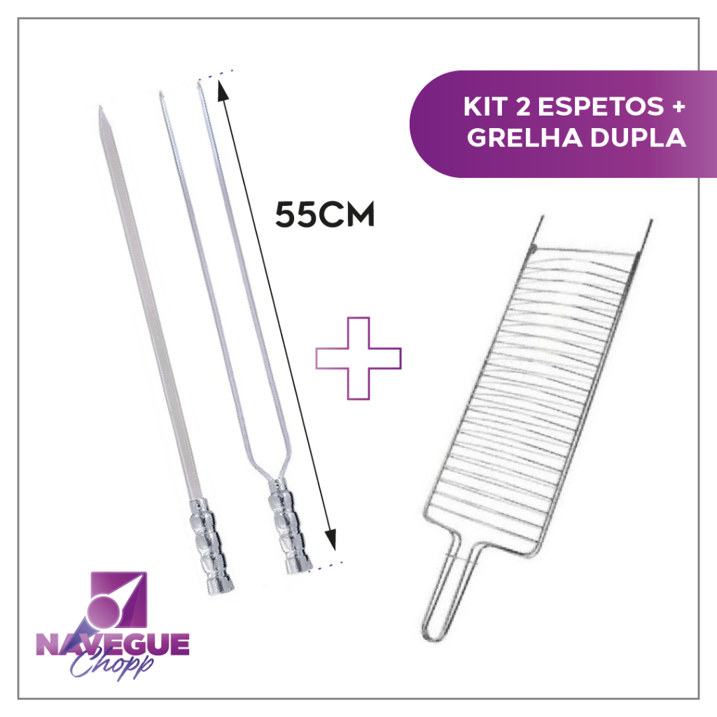 Kit Churrasco Grelha Dupla + 2 Espetos 55cm em Alumínio - Ideal para Carnes e Peixes