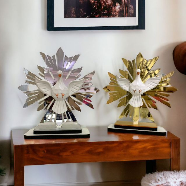 Adorno de Mesa Divino Espírito Santo Religioso Dourado ou Prata 15 cm Espelhado Decoração Divino em Resina