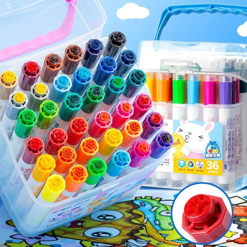 kit de 24 canetinhas hidrográfica lavável com carimbo-24 cores em Oferta na Shopee