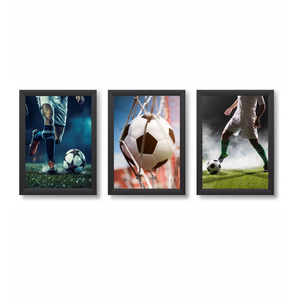 Kit 3 Quadros Decorativos Futebol Bola Chuteira decoração Esporte Molduras 20x30cm Madeira Vidro Cor Pretas