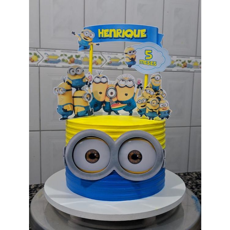 Topo de bolo de aniversário minions - topper de festa infantil personalizado em Oferta na Shopee