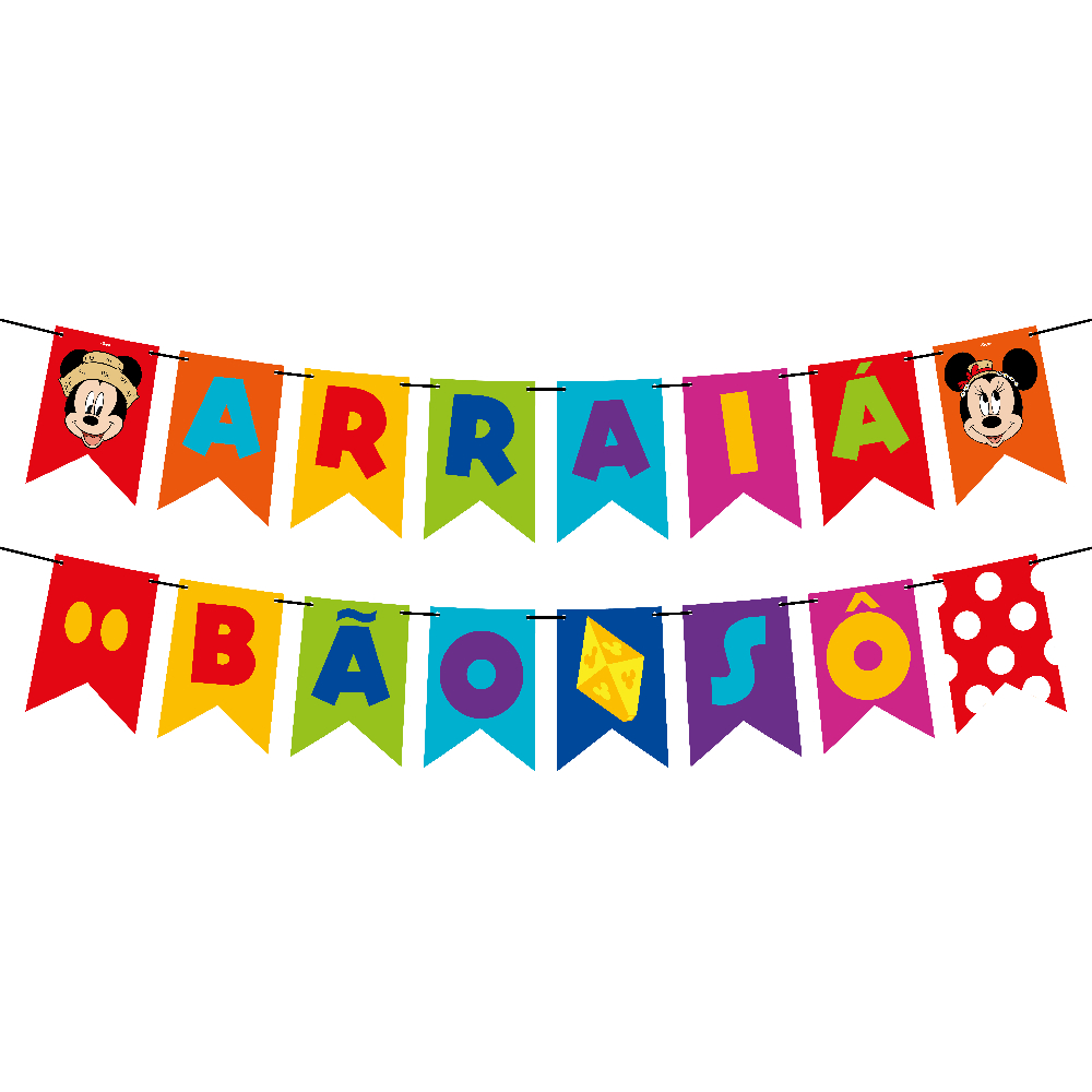 Faixa com Bandeirinhas Coloridas - Arraiá Bão Sô - Festa Junina e Julina - Arraiá e São João do Mickey