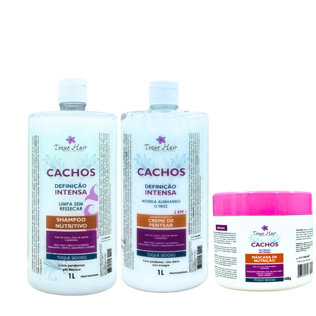 Kit 3un de Tratamento Nutrição Cachos com Definição Intensa com Oleo de Coco, Argan e Queratina Toque Hair Profissional Cachos Bem Tratados Cacheado Argan Queratina Oleo de Coco. Sh.1L + Cond.1L + Hid.500g