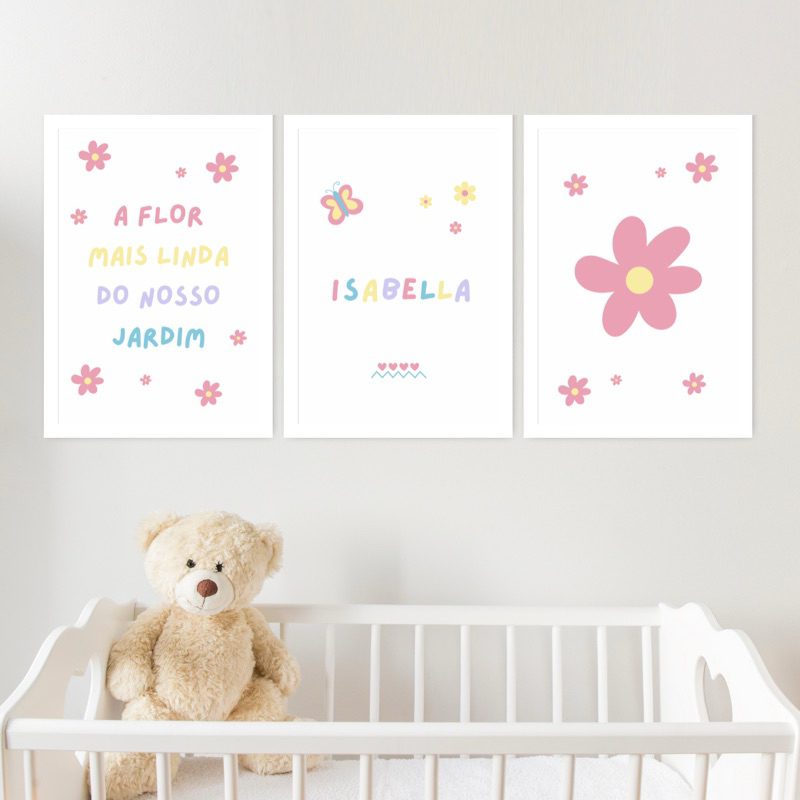 Kit 3 Quadros Decorativos Infantil Personalizado Nome Bebê Para Quarto Ou Porta Maternidade Flor