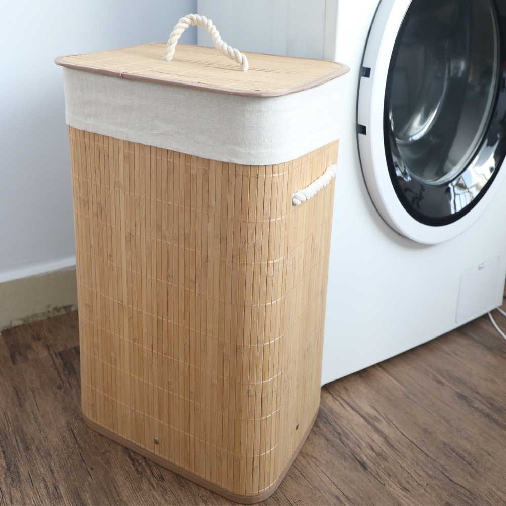 Cesto de Roupa Suja 57CM Lavanderia em Bambu com tampa Retangular Forrado com Banheiro Dobrável