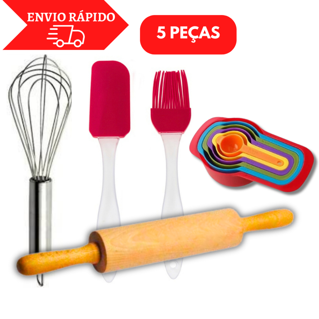 Kit 5 itens Para Confeiteiro, Rolo de Massas  + Espátula + Batedor Fuê de Claras + Pincel Silicone em Oferta na Shopee