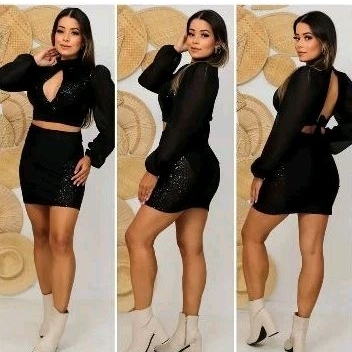 Blusa Blusinha  Cropped Manga longa Tule Decote Costa Aberta Amarração Laço Paetê Brilho Brilhante Gola Alta Cacharrel