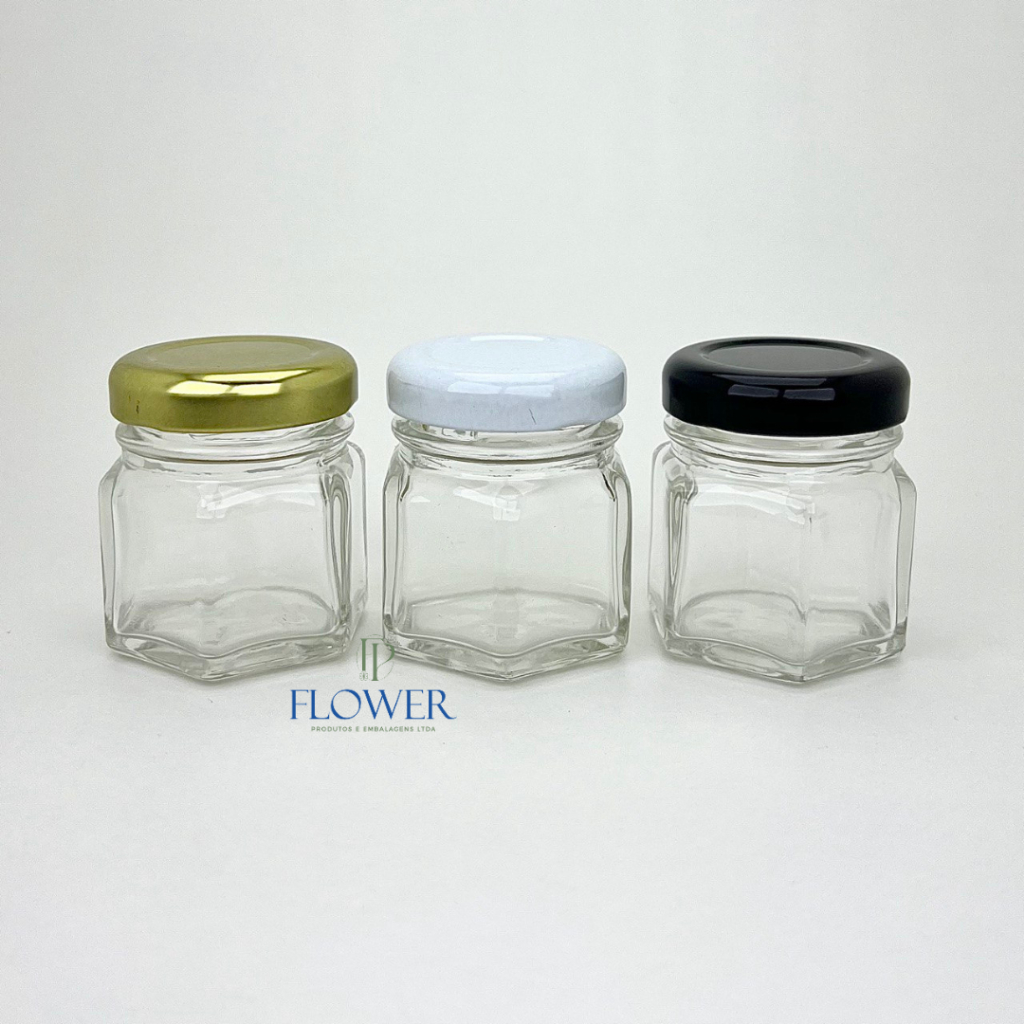 Kit 120 Unidades Pote Vidro Sextavado Tampa Metal 40g Cozinha Geleia Comida Armazenamento