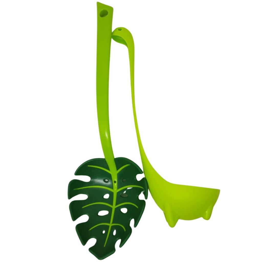 Kit Escumadeira Folha + Concha Dinossauro Verde..