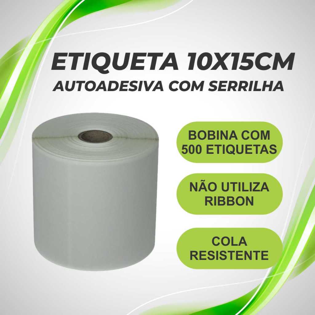 Etiqueta Térmica Adesiva Branca 10x15cm com Serrilha Rolo Jumbo 500Uni