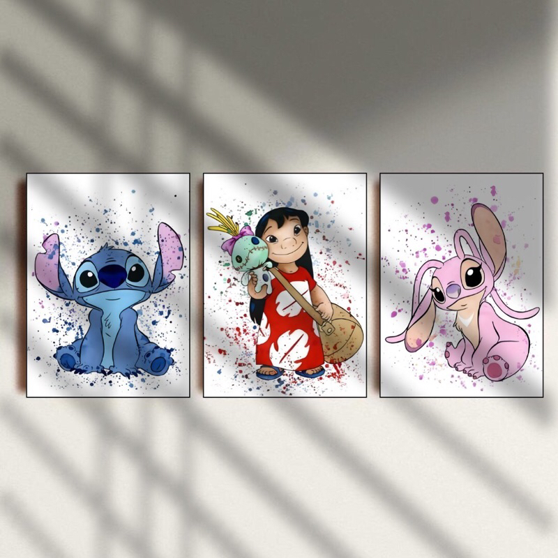 Quadros Decorativos Lilo & Stitch e Angel Kit 3 Quadros 20x28 ou 21x30 Decorativos Para Quarto Fofo MDF