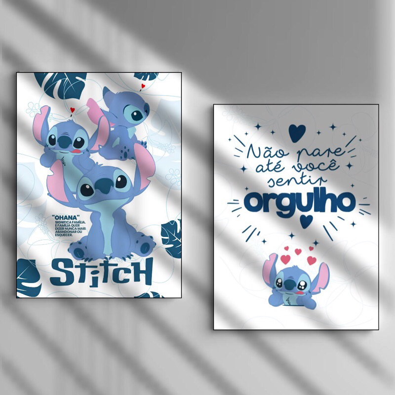 Kit 2 Quadros Decorativos 20x28 ou 21x30 Stitch Frase Não Pare Até Você Sentir Orgulho Tema Azul MDF