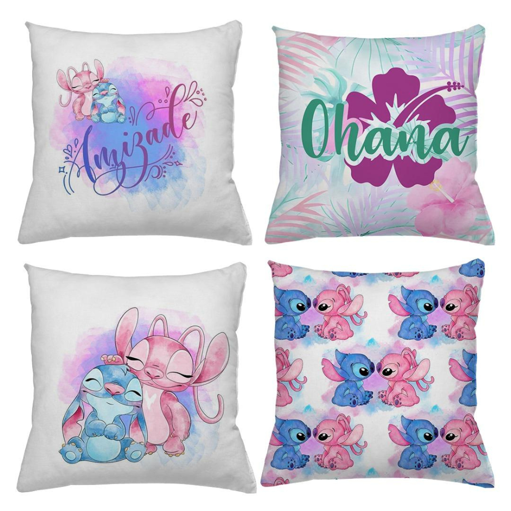 Kit 4 capas de Almofadas Decorativas 43x43 Moderna Casal Lilo e Stitch , Minnie Homem Aranha, hulk
