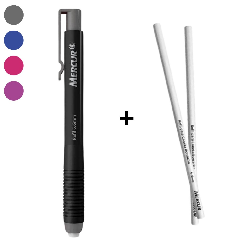 Kit Caneta Borracha Eraser Retrátil 6.6mm Colorida Mercur + 02 Refil de Borracha | Escolar | Papelaria | Escritório
