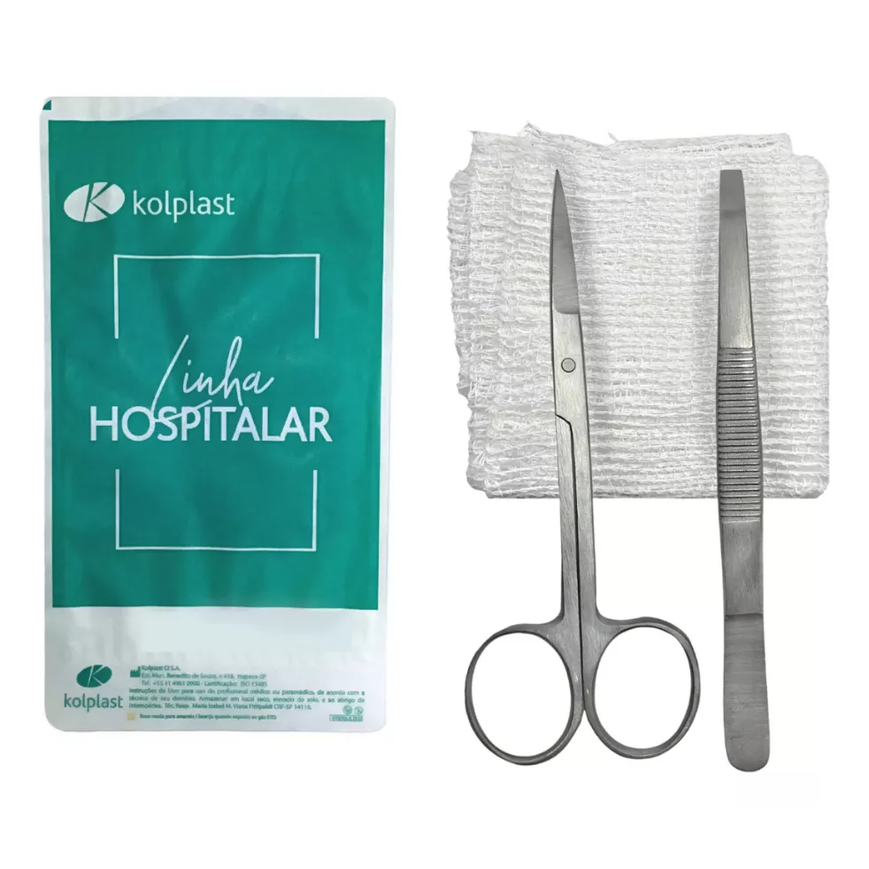 Kit Retirada De Pontos Kolplast Estéril Tesoura Íris + Pinça + Gaze