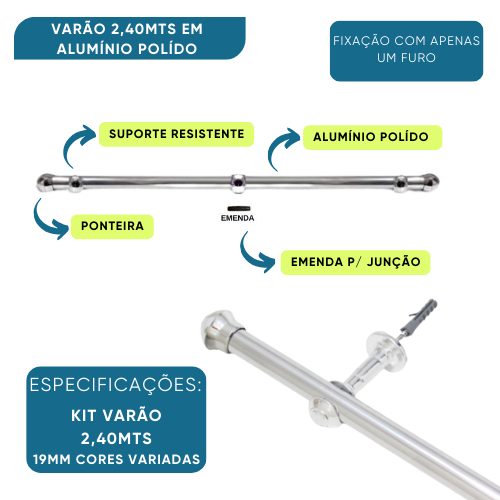 varão para cortinas 2,40mts 19mm simples