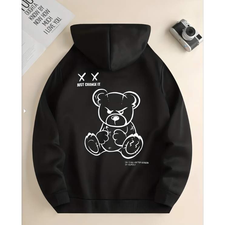 Moletom Canguru Streetwear Com Capuz Estampa de Urso De Pelúcia Blusa Feminina Estilo Urbano