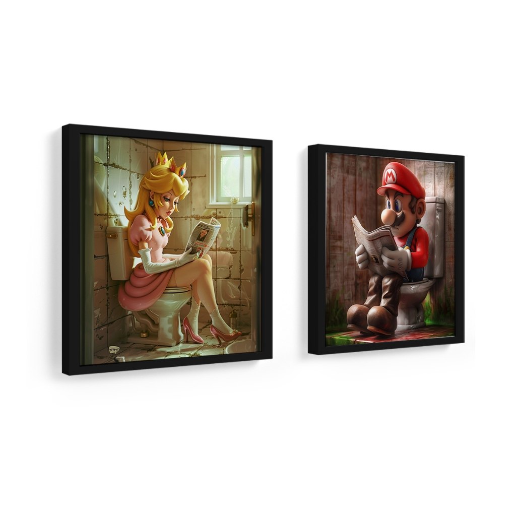 kit 2 quadros decorativos banheiro, lavabo, toalete, Mario, Princesa, moldura e vidro em Oferta na Shopee