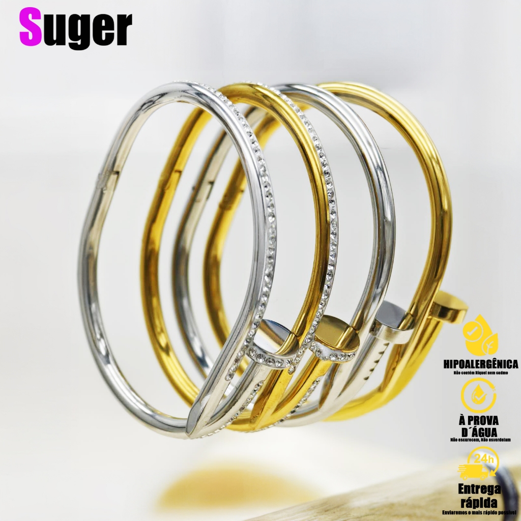 Pulseira Prego com Brilho Bracelete Prego com Strass Folheado a Prata e Dourado Moda Feminina Aço Inoxidavel em Oferta na Shopee