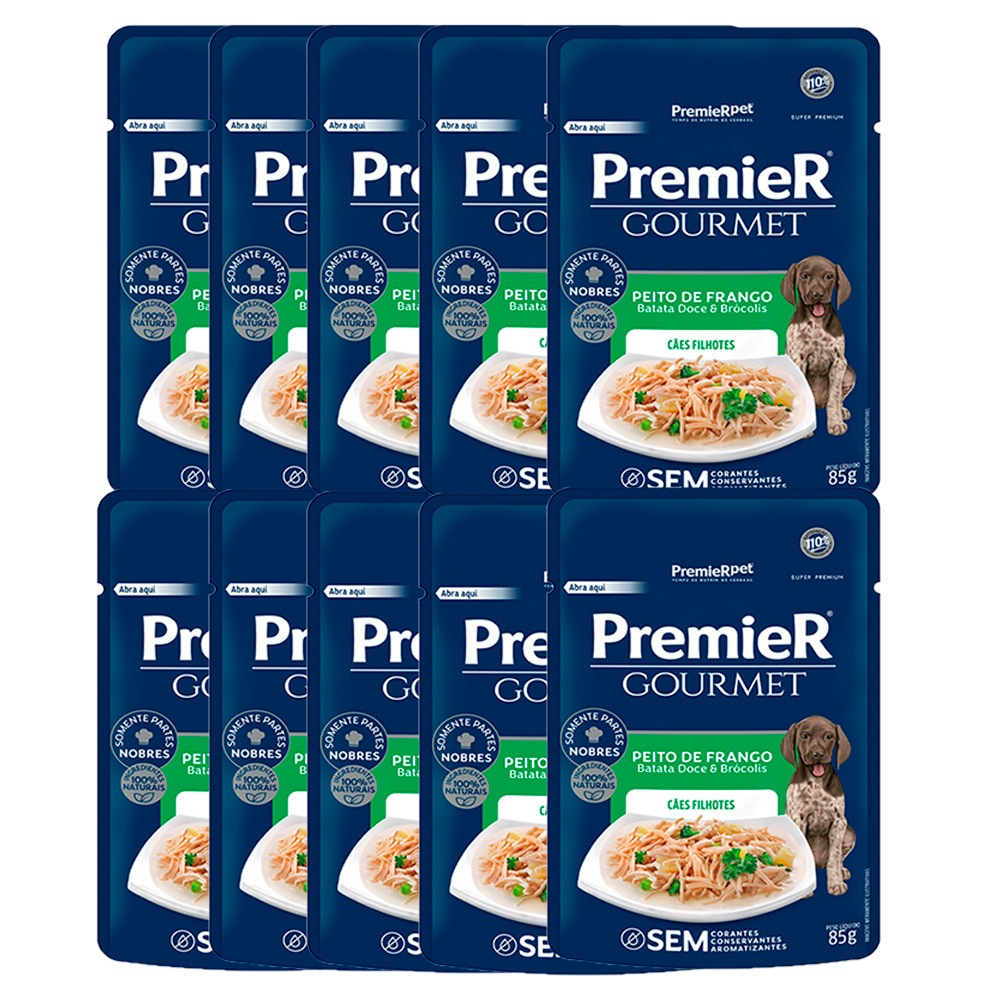 Kit 10un. Ração Úmida Premier Gourmet Cães Filhotes Peito de Frango Batata Doce e Brócolis 85g - Pets