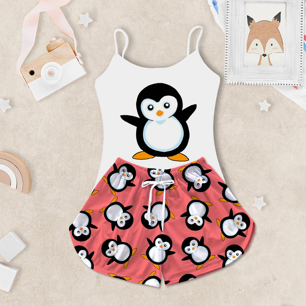 Kit Pijama Infantil Kids Feminino Baby Doll Camisa Alcinha Pinguim