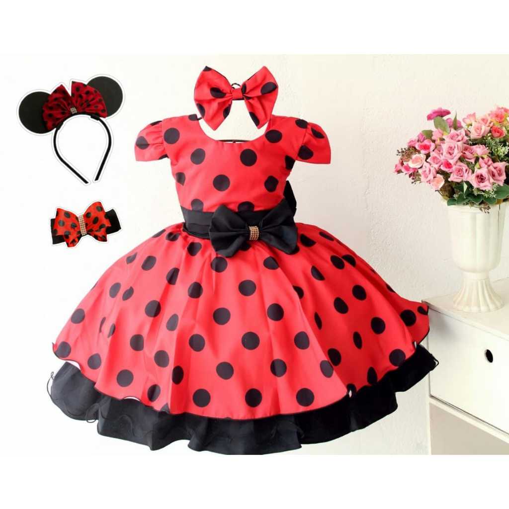 Vestido Infantil  Minnie Vermelha Joaninha Festa Aniversario Tematico Com Duas Tiaras