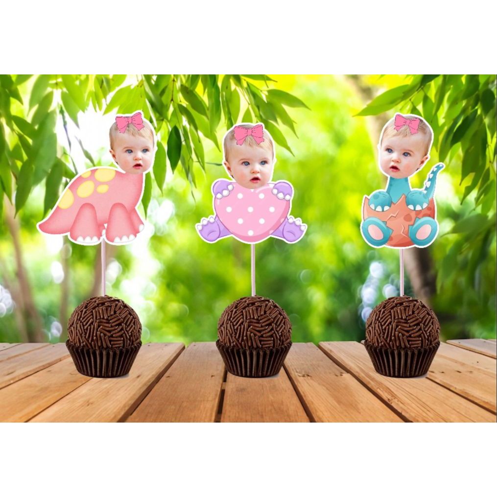 Kit 20 topper para docinhos, dinossauro menina, festa aniversário, rosto personalizado, mesversário, personalizados