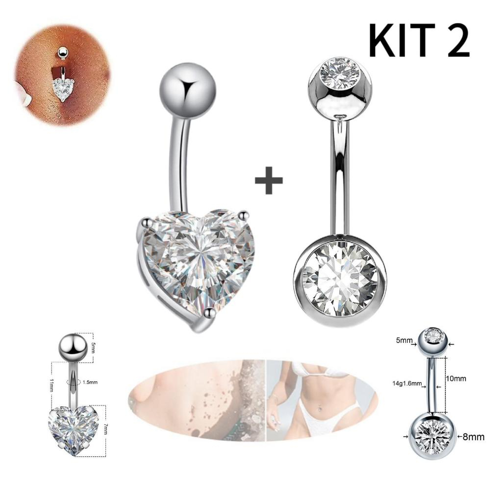 Kit 2 piercing de umbigo com strass pedra zircônia coração aço inoxidável em Oferta na Shopee