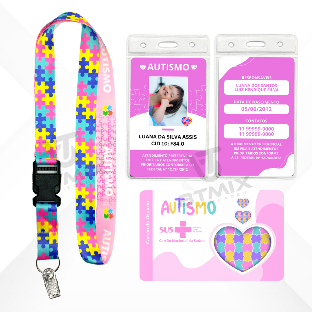 Kit Cordão Crachá e Cartão Sus do Autista PVC Personalizado Autismo Rosa em Oferta na Shopee