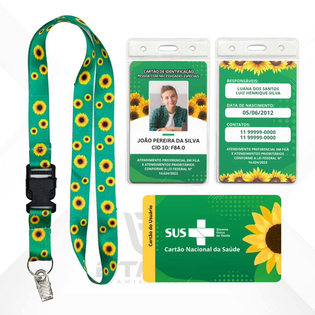 Kit Cordão Crachá e Cartão Sus Girassol PVC Personalizado