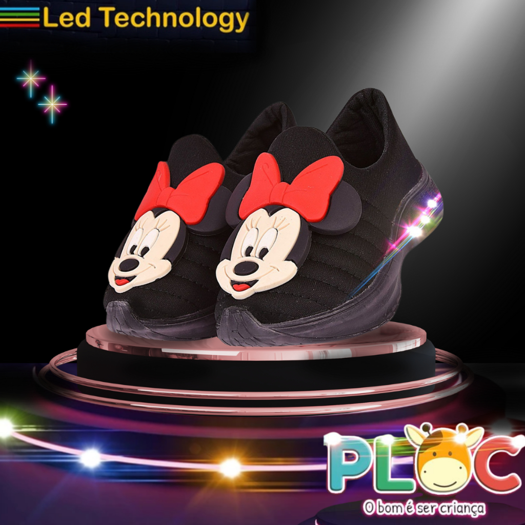 Tênis Led Infantil Luzinha Menina Meia Calce Fácil Leve Flexível Confortável Anatômico PLOC LED17 - MINNIE LAÇO VERMELHO