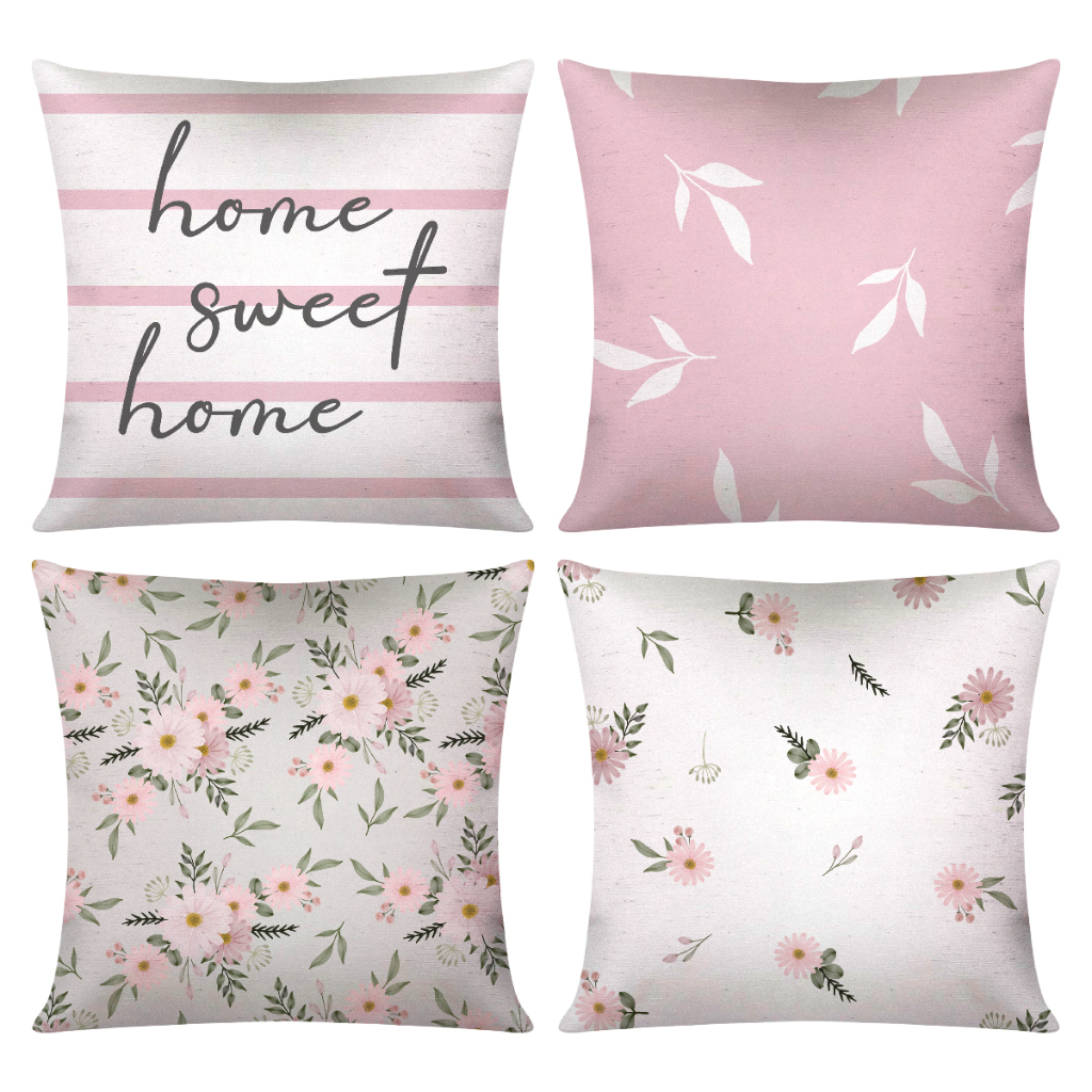 Kit c/ 4 Capas de Almofada Decorativas 45 cm x 45 cm Home Sweet Home Floral